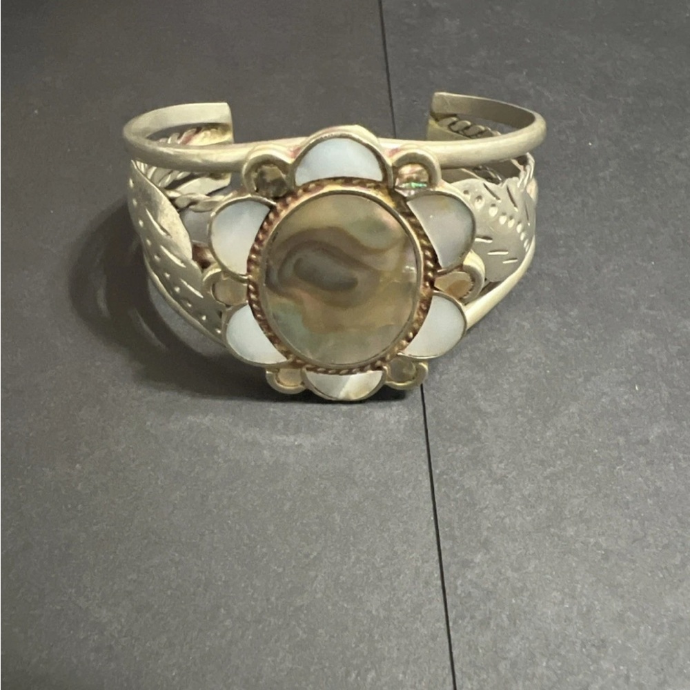 Floral Mother-of-Pearl Cuff Bracelet - White and Gold-Tone